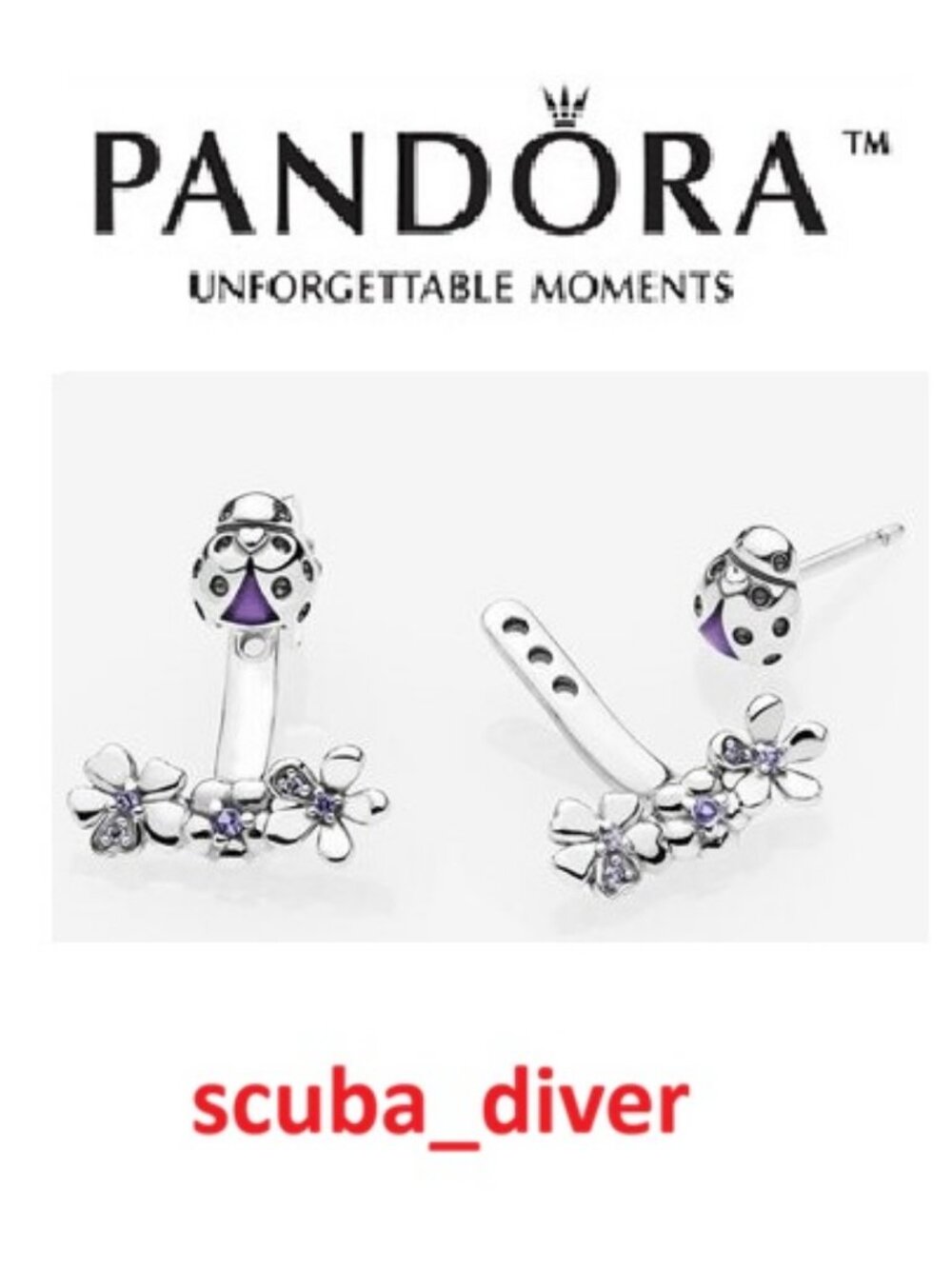 Pandora Ladybird Ladybug Meadow Jacket Earrings Purple CZ 925 Sterling Silver